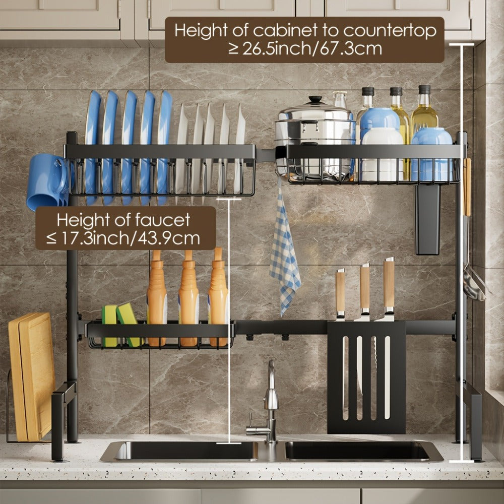 Over-Sink Dish Drying Rack Kitchen Organizer, 30-33.9-Inch Two-Tier Frame with Seven Removable Accessories