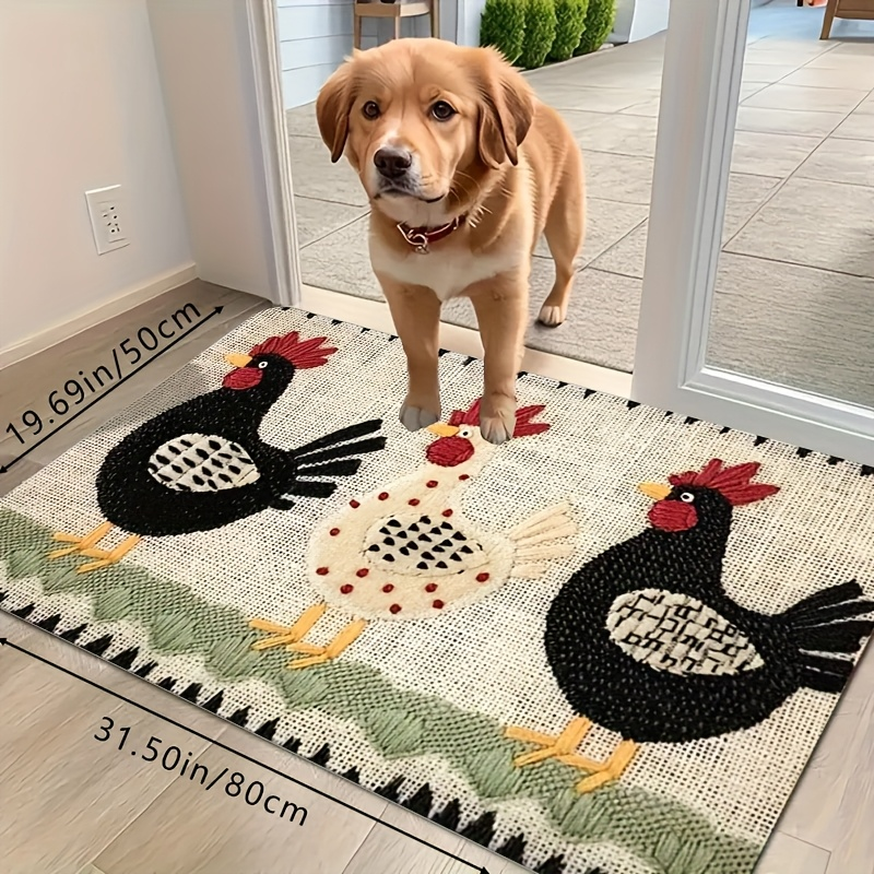 Rooster Print Door Mat with Light Striped Field and Fringed-Look Border in Three Rectangles or One Runner