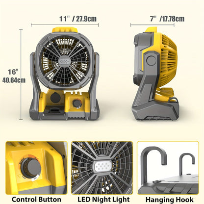 Yellow Cordless Work Fan for Select DeWalt 20V Max Batteries with LED Light, Hanging Hook and Adjustable Tilt, Battery Not Included