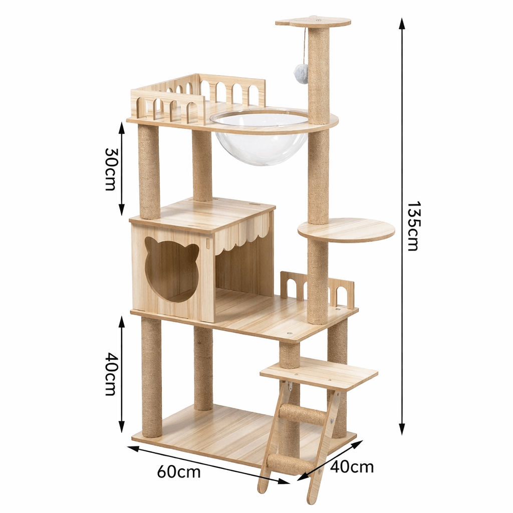 Cat Tree 54 Inch Large Wooden Cat Tower with Space Capsule Multi-Level Cat Condo Sisal Scratching Post for Indoor Cats Luxury Design