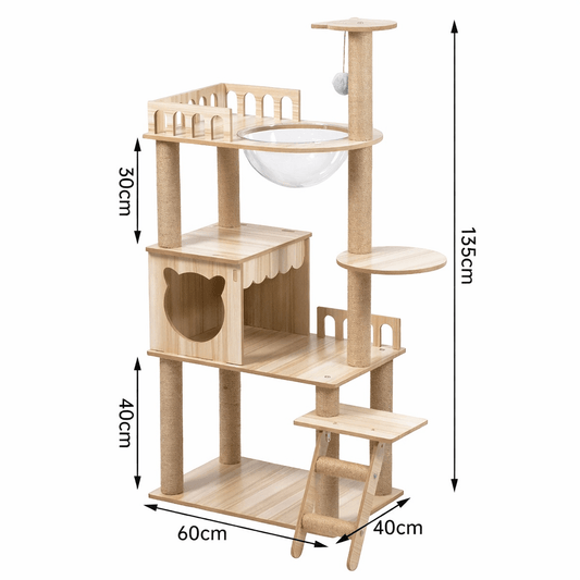 Cat Tree 54 Inch Large Wooden Cat Tower with Space Capsule Multi-Level Cat Condo Sisal Scratching Post for Indoor Cats Luxury Design