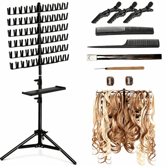 Braiding Hair Rack 144 Pegs Height Adjustable 2-Side Hair Extension Holder Stand with Tray – Foldable Portable Professional Braiding Station for Salon Home Travel, 3 Colors