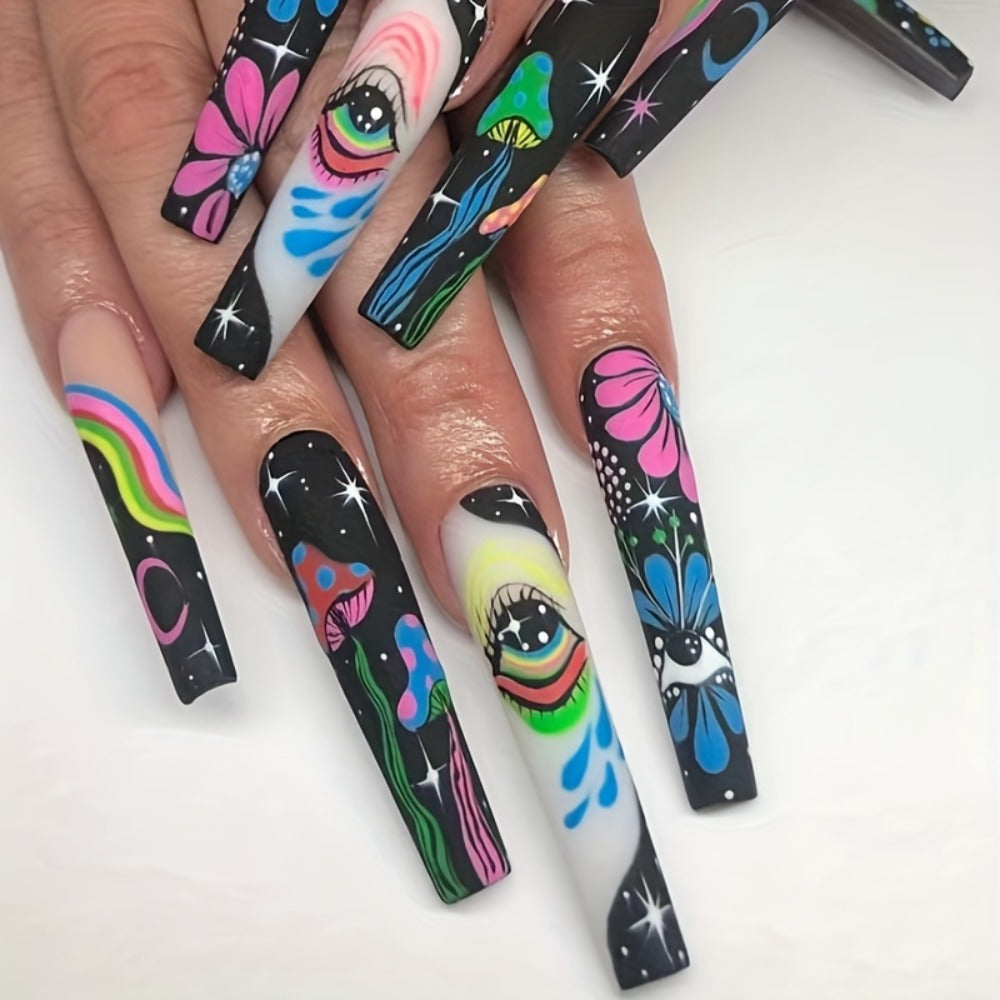 Cosmic Eyes Press On Nails 120pcs Extra Long 5 Boxes – Crystal Rhinestone Matte Colorful Stripes Floral Pattern Wearable Nail Art | Festive Gift Set for Women | Bold Party Festival Halloween Nails