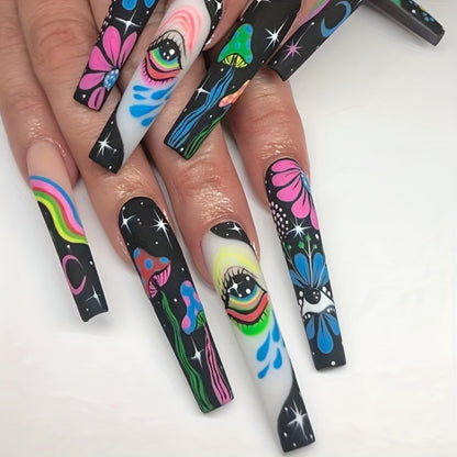Cosmic Eyes Press On Nails 120pcs Extra Long 5 Boxes – Crystal Rhinestone Matte Colorful Stripes Floral Pattern Wearable Nail Art | Festive Gift Set for Women | Bold Party Festival Halloween Nails