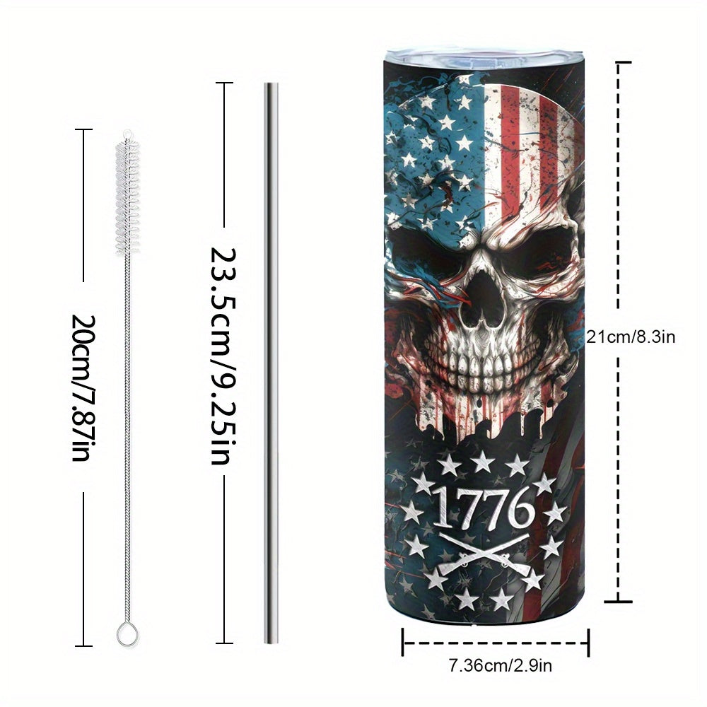 Insulated Tumbler 20oz Patriotic Skull Graphic in Blue with Stainless Steel, Lid and Straw
