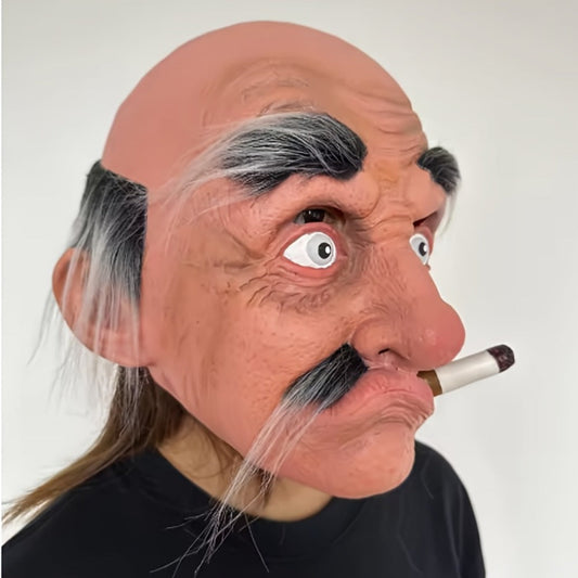 Old Man Grandpa Latex Full Head Mask with Beard – Realistic Smoking Elderly Halloween Costume for Adults Cosplay Theater Pranks Funny Disguise Prop Costume Party