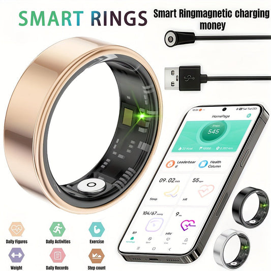 Smart Health Tracker Ring – Sleep Monitor, Steps Calories Body Temp Blood Pressure HRV Menstrual Cycle Tracking, iOS Android App, Sizes 7-13 | Rose Gold Black Silver