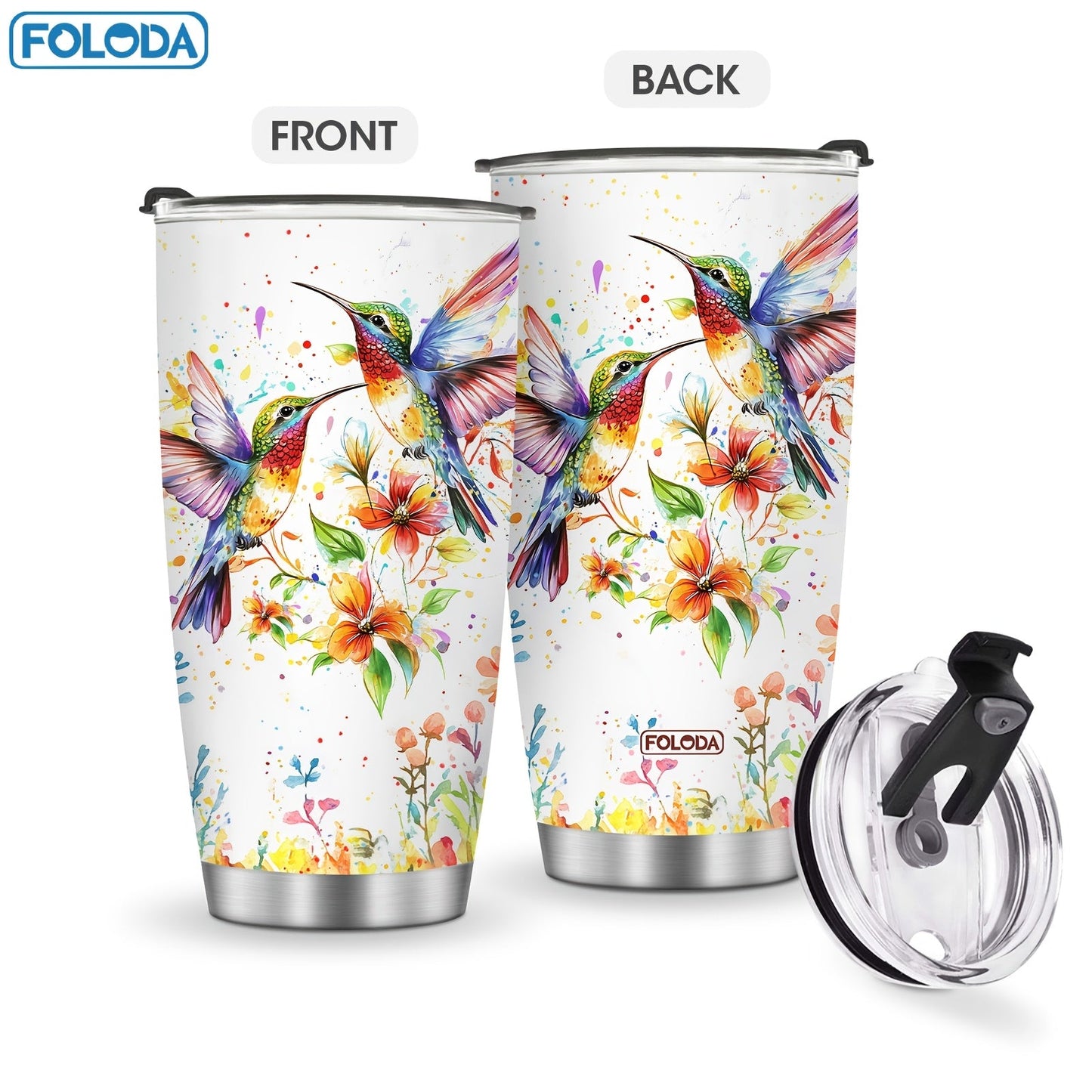 Twenty-Ounce Hummingbird and Flower Travel Tumblers in Ten Exact Printed Design Configurations