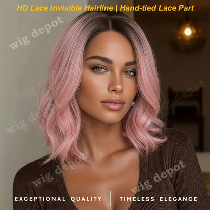 U Part Lace Front Bob Wig 4x1 Glueless Rose Net Cap Middle Part Natural Hairline Synthetic Wig for Women 14 Inch Brown Highlights Milky White Black Pink