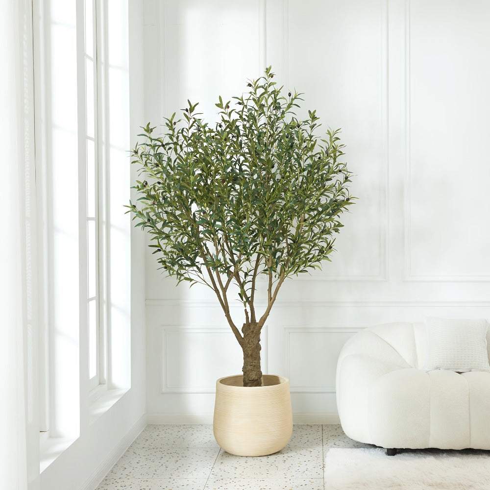 Potted Olive Artificial Tree with 5, 6, 7 and 8 ft Height Options, Black Planter and Branching Green Leaves
