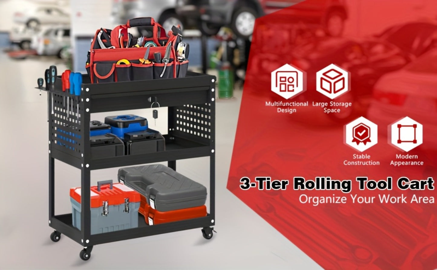 Rolling Tool Cart 3-Layer with Drawers & Screw Box Storage, Heavy-Duty Mechanic Trolley on Wheels for Garage Workshop Repair Shop, 400LBS / 450LBS / 550LBS Load Capacity, Industrial Tool Organizer