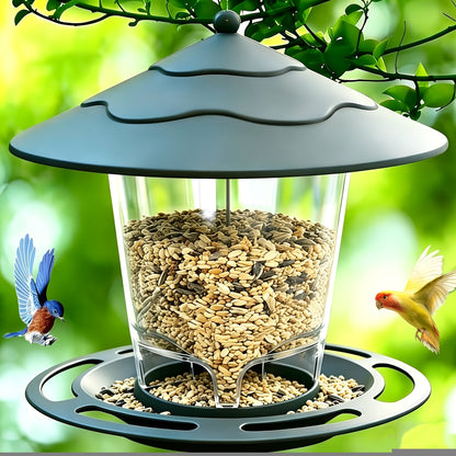 Hanging Bird Feeder with Tiered Roof, Clear Seed Chamber and Brown, Grey or Green Finish Options