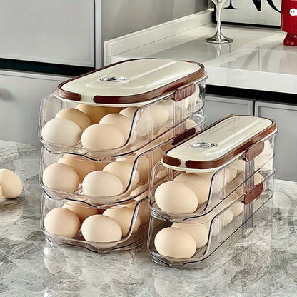 Egg Rack Kitchen Organizer Double-Row Auto-Rolling Dispenser with One, Two or Three Layer Options
