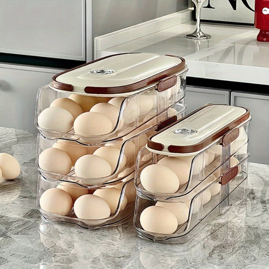 Egg Rack Kitchen Organizer Double-Row Auto-Rolling Dispenser with One, Two or Three Layer Options