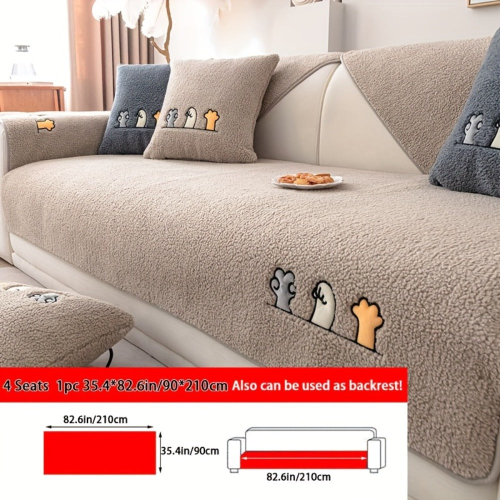 Sofa Cover Thick Plush Shearling Panels with Animal and Bone Embroidery and Non-Slip Feature for 2 to 4 Seats