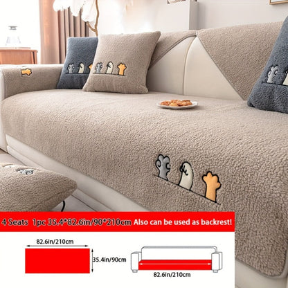 Sofa Cover Thick Plush Shearling Panels with Animal and Bone Embroidery and Non-Slip Feature for 2 to 4 Seats