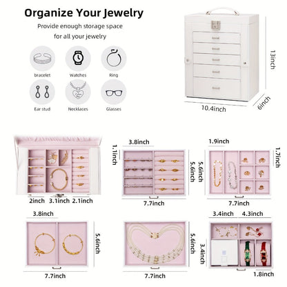 Jewelry Box 6 Tier with 5 Drawers Mirror & Lock | Large Jewelry Organizer Storage Case Gift for Women