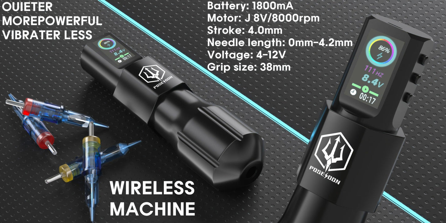 POSEIDON LTK08 Tattoo Kit with 1800mAh Color-Display Pen, 20 Cartridges, 11 Inks and Carry Case
