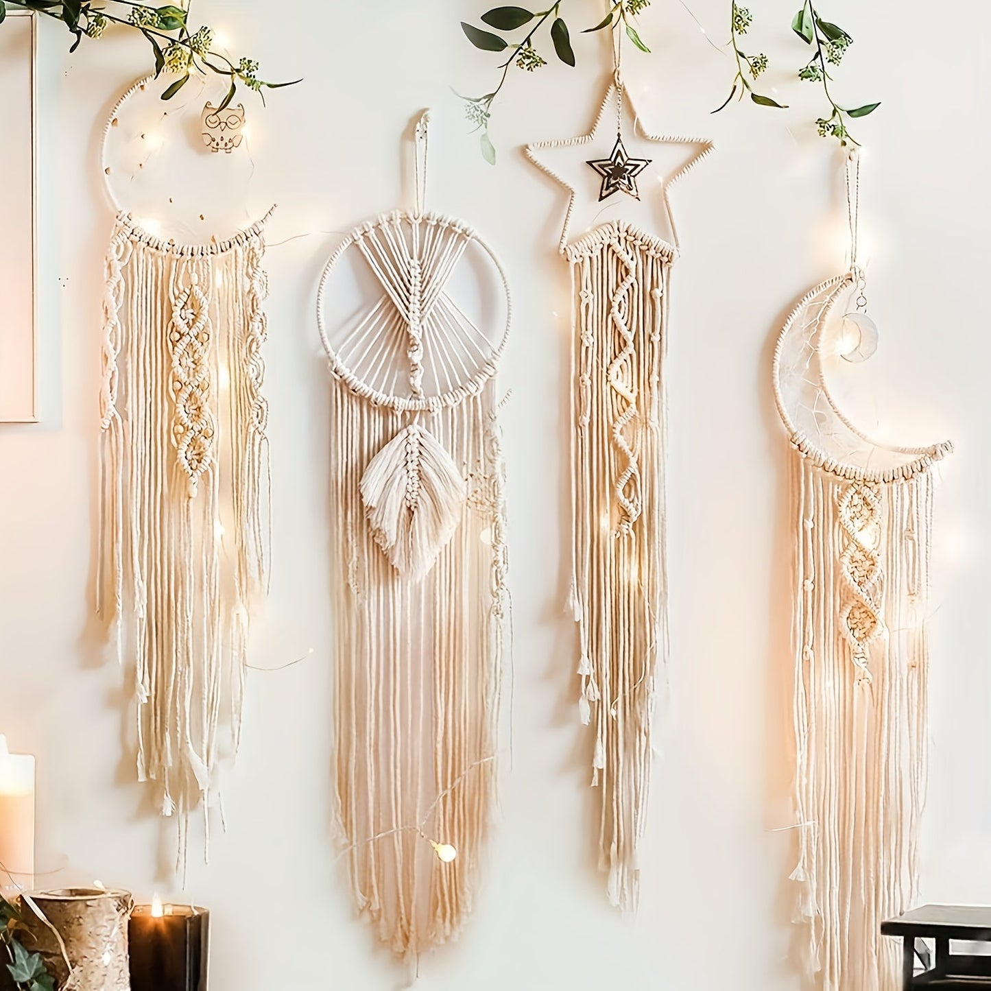 Woven Dream Catcher Wall Decor, Four-Piece Set with Cream Moon, Star and Ring Forms plus Tassels