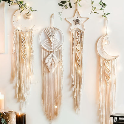 Woven Dream Catcher Wall Decor, Four-Piece Set with Cream Moon, Star and Ring Forms plus Tassels
