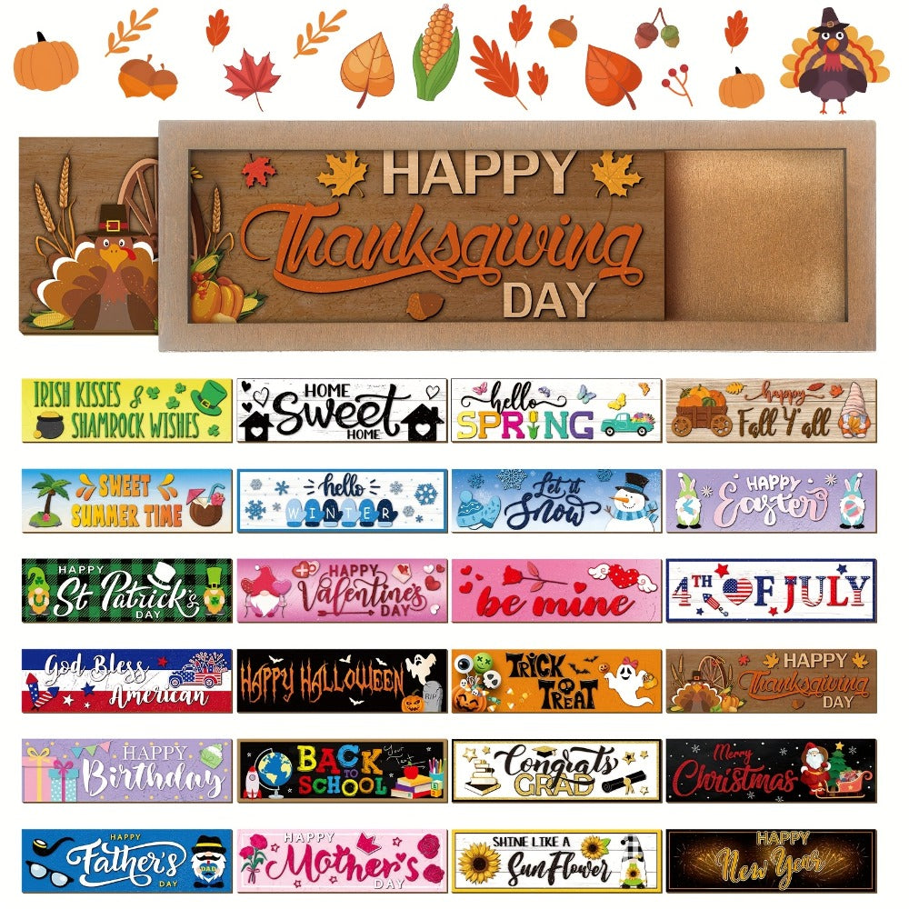 Twenty-Five-Piece Interchangeable Seasonal Welcome Sign Set with Wood Frame and Holiday Message Inserts