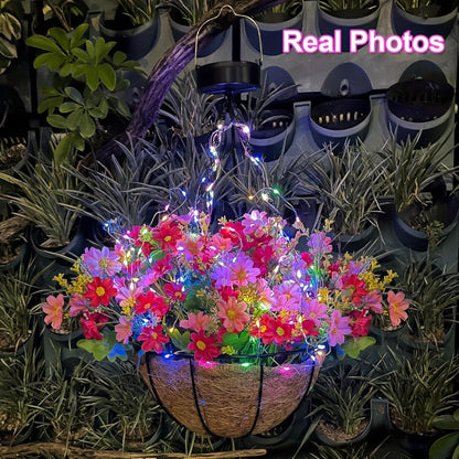 Solar Hanging Flower Basket with RGB String Lights, 10 Inch Artificial Flowers, Dusk-to-Dawn Auto On