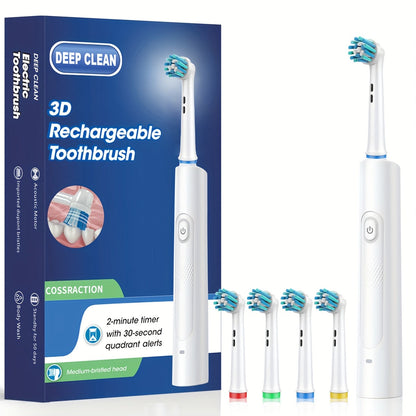 Electric Toothbrush with Round Brush Heads, IP67 Rating, Smart Timer and Six Color and Head-Count Bundles
