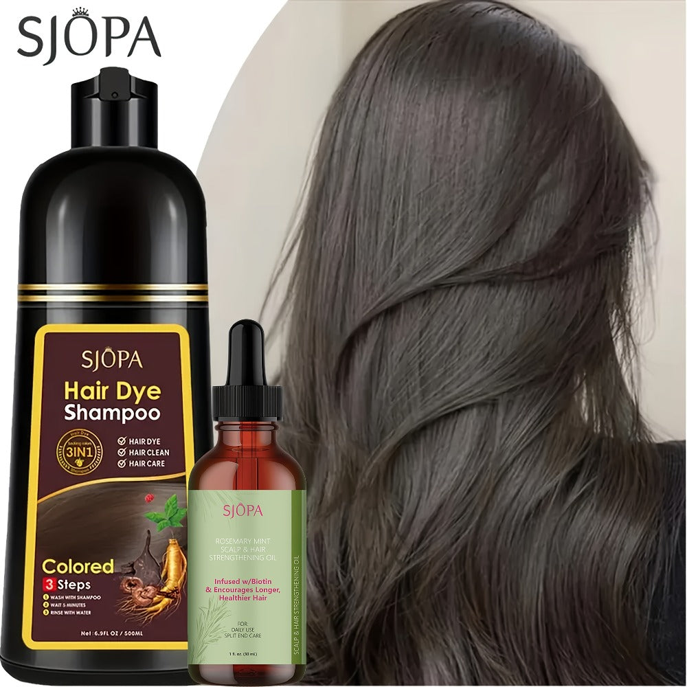 Hair Dye Shampoo, SJOPA 500ml Bottle and Rosemary Hair Oil Set with Seven Color Options for At-Home Color Selection