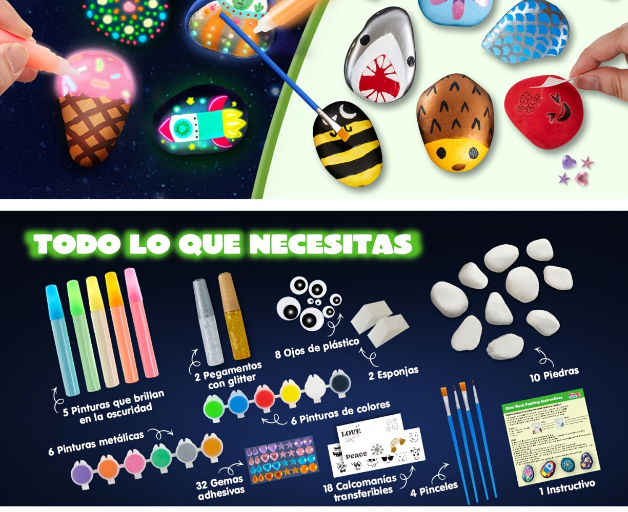 Rock Painting Kit for Kids Glow in the Dark – 10 Rocks Metallic & Glow Paints Gems Glitter Brushes Stickers All-in-One Craft Set for Boys Girls Ages 6+ Birthday Easter Christmas Gift