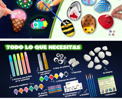 Rock Painting Kit for Kids Glow in the Dark – 10 Rocks Metallic & Glow Paints Gems Glitter Brushes Stickers All-in-One Craft Set for Boys Girls Ages 6+ Birthday Easter Christmas Gift