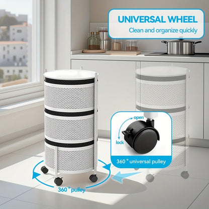 Round-Basket Rolling Storage Rack with Four or Five Mesh Levels, Caster Base and Black or White Finish