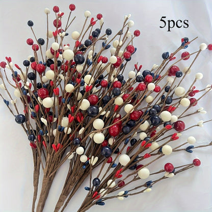 Artificial Berry Branches Red White Blue Patriotic Decor – 5pcs Fake Plastic Stems for Home Tabletop Vase Floral Arrangement Fourth of July