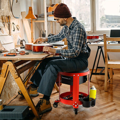 Rolling Workshop Stool with Drawers – 330 lb Mechanic Seat with 2 Storage Drawers, Cup Holders, Tool Tray, Removable Cushion & 4 Swivel Casters for Garage Auto Repair (Black/Red)