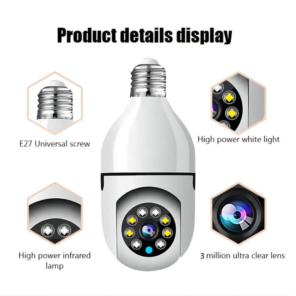 E27 Bulb Camera 360° Pan & Tilt 3MP 1080P, Full-Color Night Vision, Two-Way Audio, Motion Detection, WiFi App Control, Cloud & TF Card Storage – Indoor Home Security Light Bulb Camera