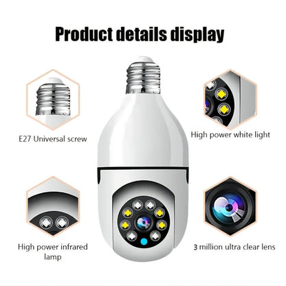 E27 Bulb Camera 360° Pan & Tilt 3MP 1080P, Full-Color Night Vision, Two-Way Audio, Motion Detection, WiFi App Control, Cloud & TF Card Storage – Indoor Home Security Light Bulb Camera
