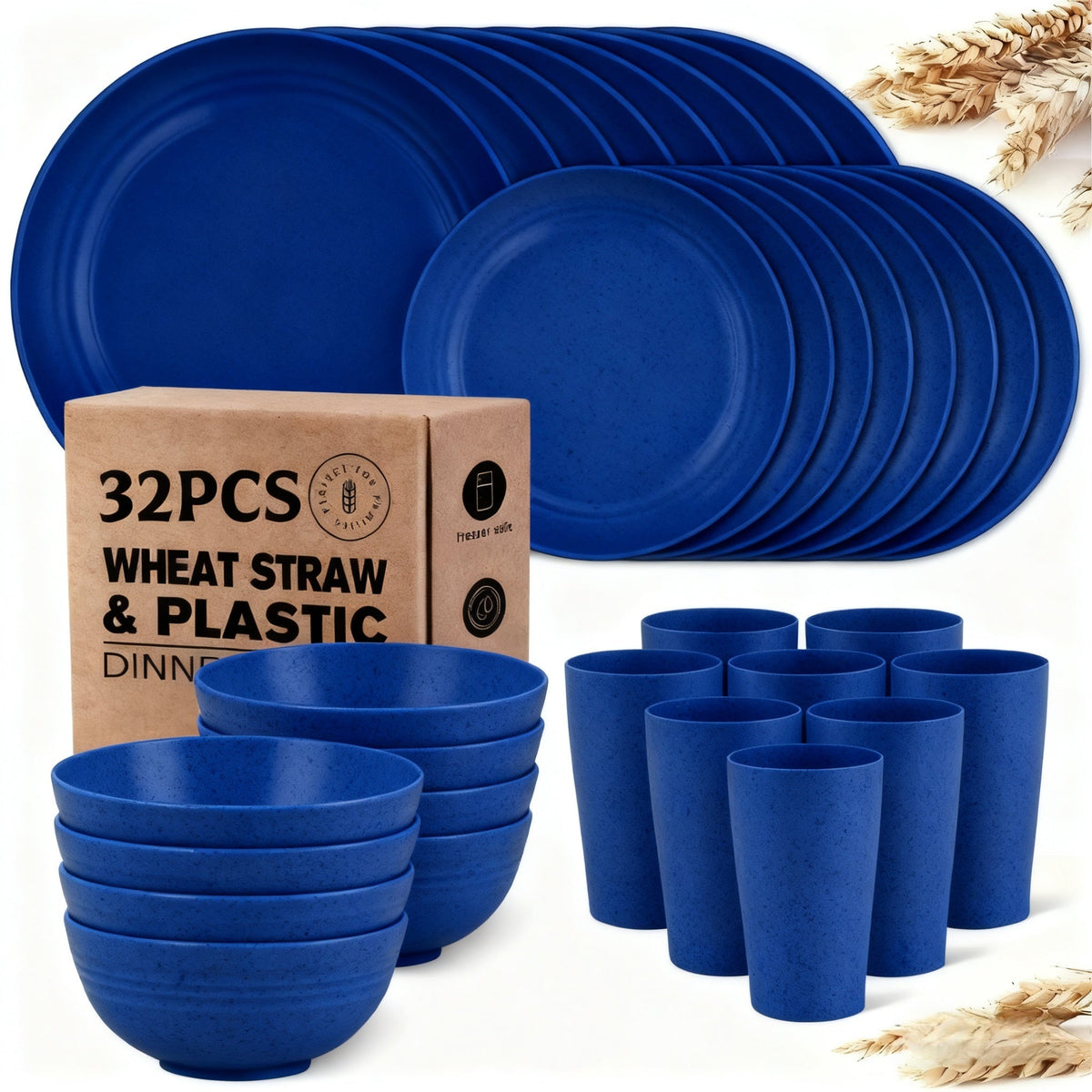 Wheat Straw Dinnerware Set 16 or 32 Piece – Plates & Bowls for 4 or 8 People, Microwave & Dishwasher Safe Plastic Dish Set, Lightweight Colorful Tableware for Home, Party & Holiday