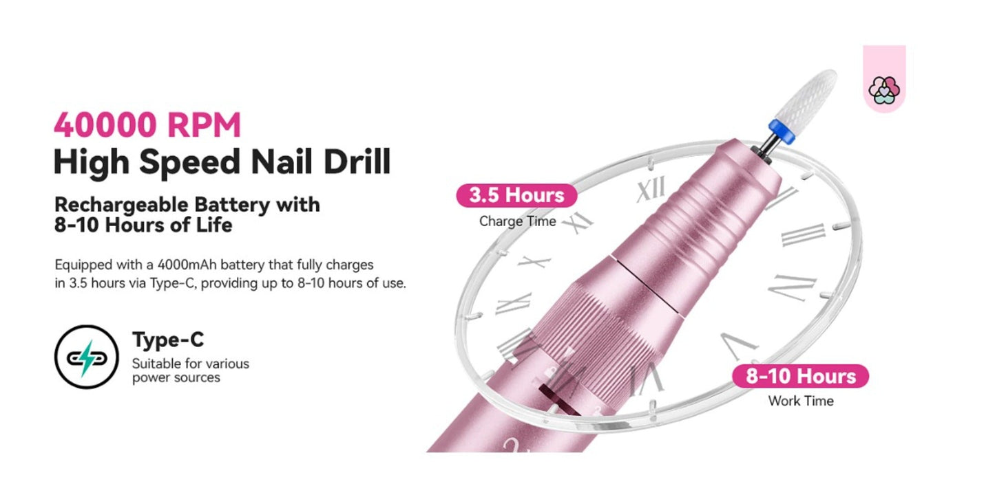 40,000 RPM Rechargeable Nail Drill in Bright Pink with 4000 mAh Battery, LCD Display and Tool Set