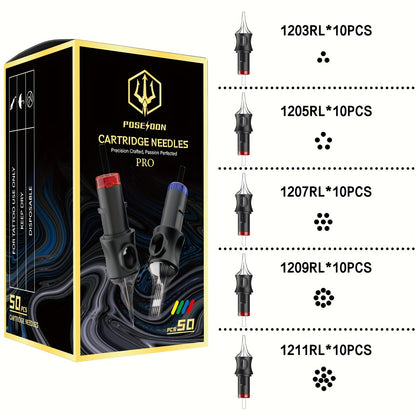 Tattoo Cartridge Needles 50pcs Mixed Size – POSEIDON V5 Disposable Round Liner, Shader & Curved Needles (5RL 7RL 9RL 5RS 7RS 9RS 7RM 7M1 15M1 15RM) with Safety Membrane