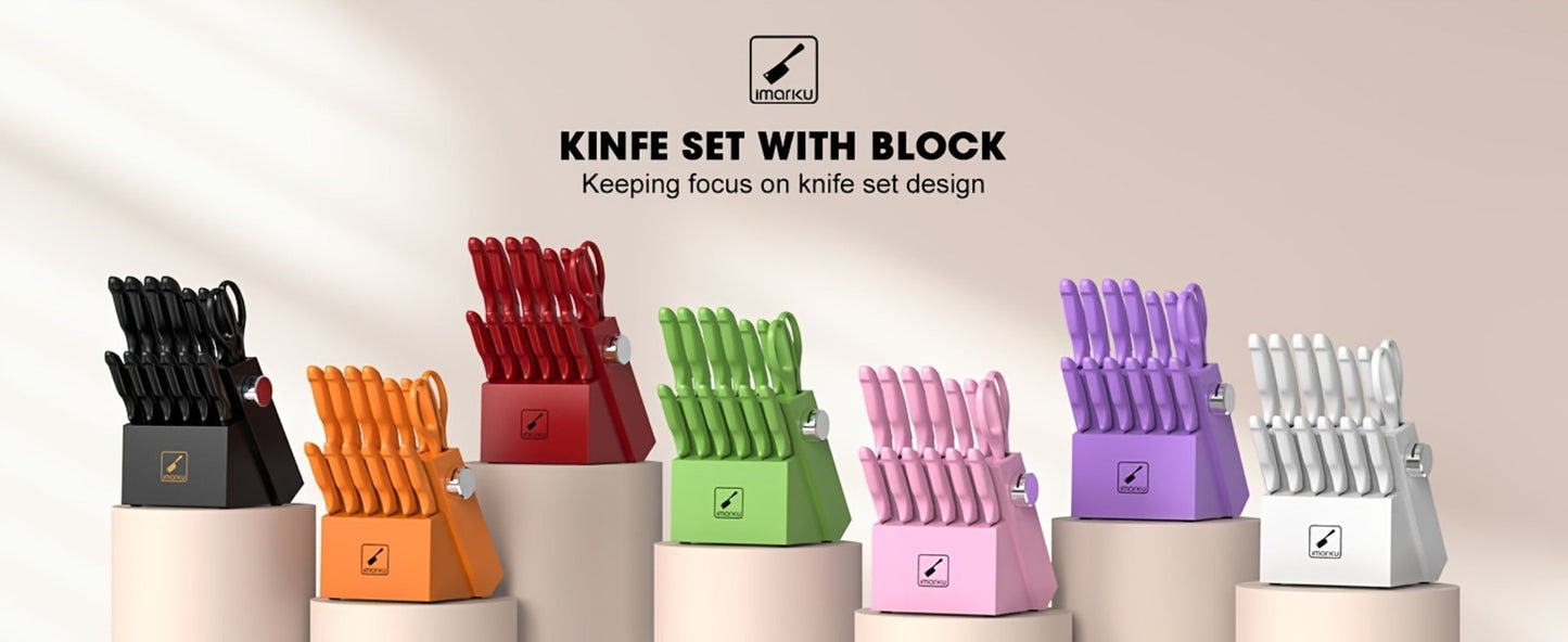 Kitchen Knife Set by imarku, 14-Piece Pink Stainless Steel Block with Six Steak Knives, Shears and Built-In Sharpener