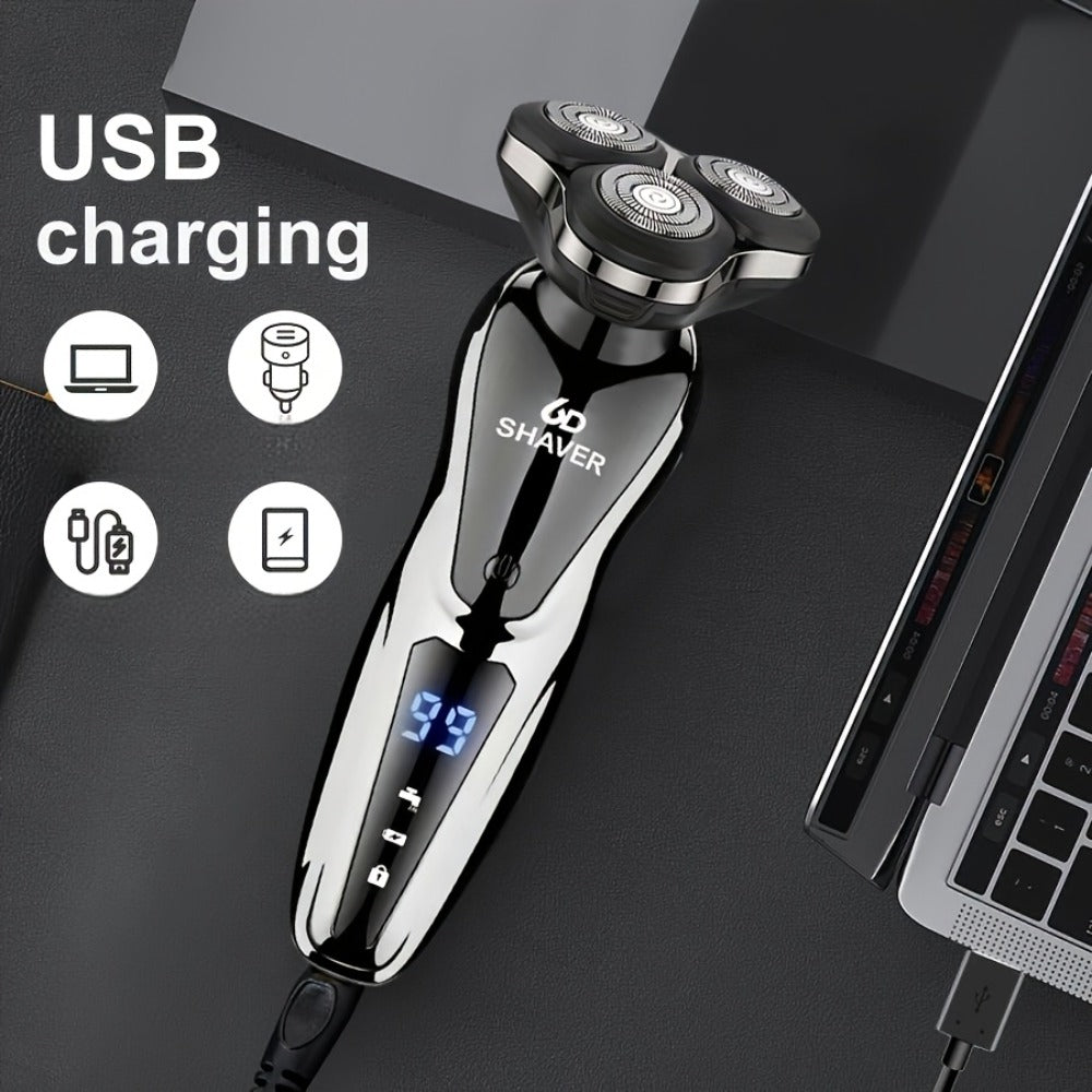 Black Three-Head Rotary Shaver with Digital Display in Standalone, Three-Piece or Four-Piece Sets