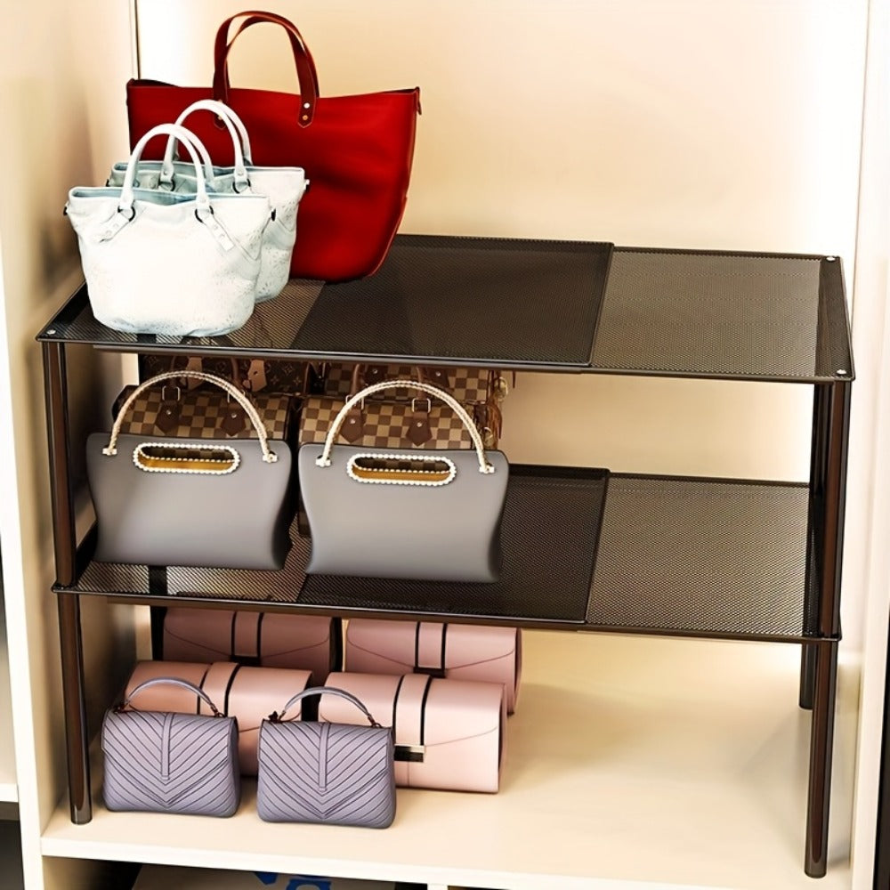 Expandable Storage Rack with Retractable Metal Shelf, Stackable Layout and Black Black Version