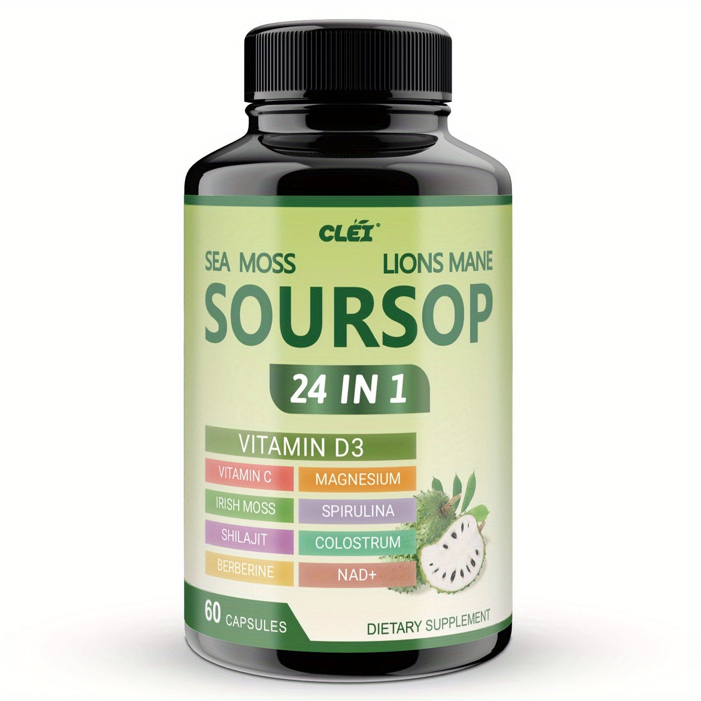 Herbal Supplement with CLEI Label, Soursop Graviola 24-in-1 Capsules, 60 Count, One or Two Bottles