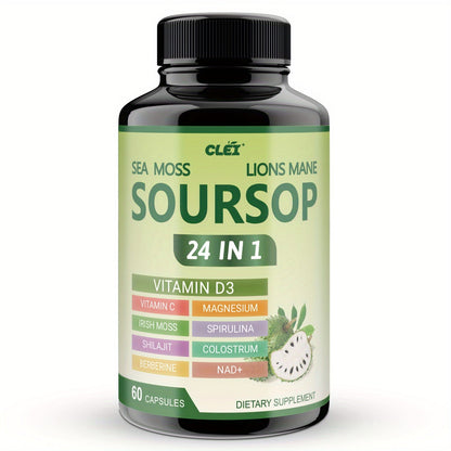 Herbal Supplement with CLEI Label, Soursop Graviola 24-in-1 Capsules, 60 Count, One or Two Bottles