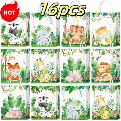 Party Favor Bags Safari Animals Jungle Theme Woodland Print Paper Goodie Bags with Handles for Kids Birthday Party Candy Gift Bags 8 Styles 16 or 32 Pack