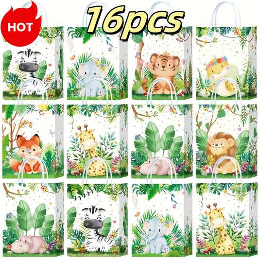 Party Favor Bags Safari Animals Jungle Theme Woodland Print Paper Goodie Bags with Handles for Kids Birthday Party Candy Gift Bags 8 Styles 16 or 32 Pack