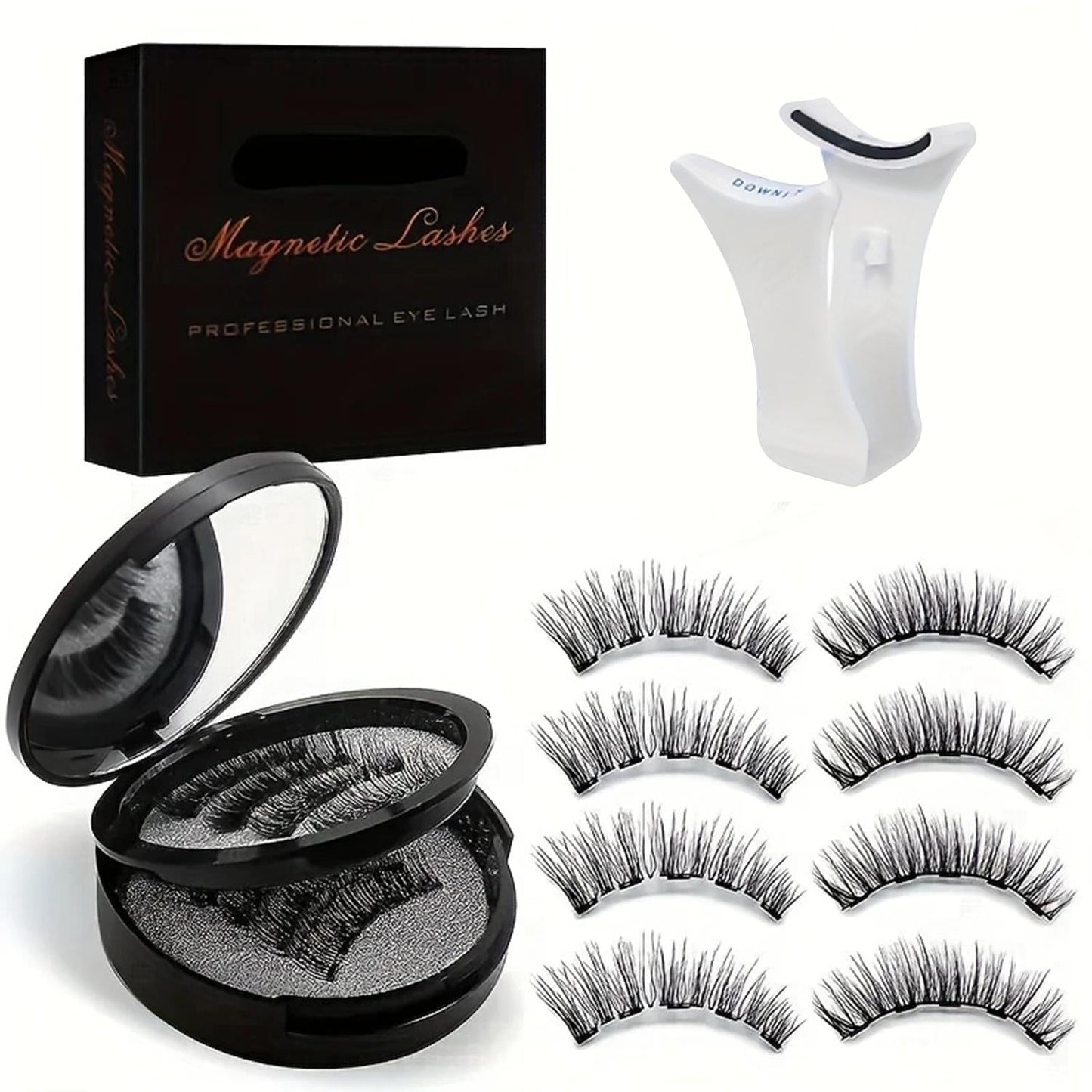Black Double-Strip Magnetic False Eyelash Set with Round Storage Case and White Applicator