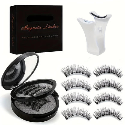 Black Double-Strip Magnetic False Eyelash Set with Round Storage Case and White Applicator