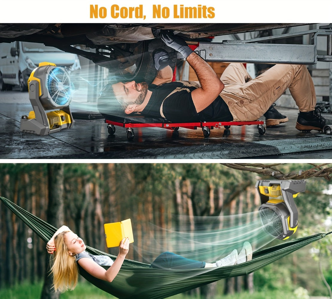Cordless Jobsite Fan Compatible with DeWalt 20V Max Battery, LED Light Auto Oscillating 180° Tilt Adjustable Speed, Portable Battery Powered Fan with Hanging Hook for Camping, Garage and RV