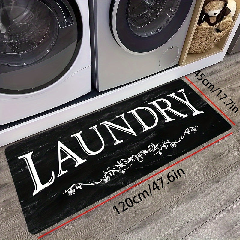 Black and White Laundry Room Mat with Bold LAUNDRY Text in 45 x 120 cm and 45 x 150 cm Size Options