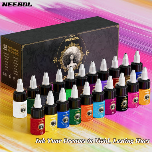 Tattoo Ink 14- or 21-Color Set with 0.5oz 15ml Bottles and Two Source Palette Choices for Color Selection